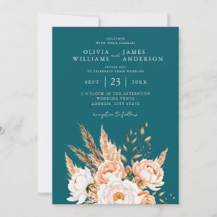Elegant Mörk Teal Boho Chic Fall Blommigt Bröllop Inbjudningar