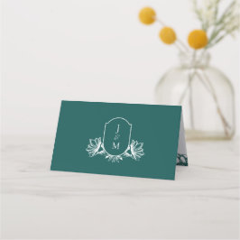 Elegant Mörk Teal botanik Monogram Vapensköld Placeringskort