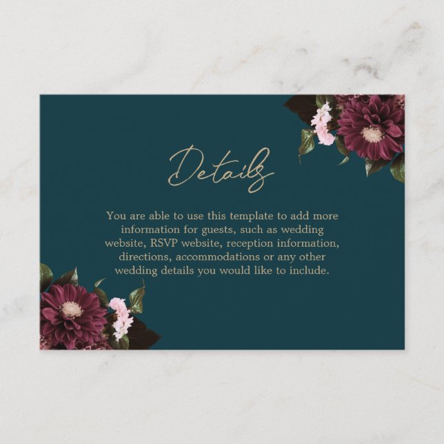 Elegant Mörk Teal Burgundy Blommigt Bröllop Tilläggskort (Framsida)