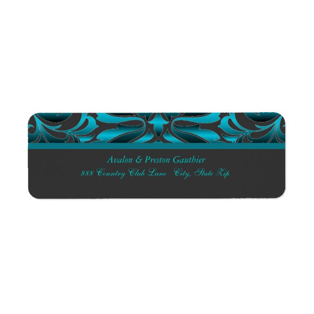 Elegant Mörk Teal Damask Wedding Address Label Returadress Etikett (Framsidan)