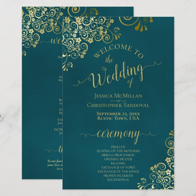 Elegant mörk teal & guld Budget Bröllopsprogram (Fram/baksida)