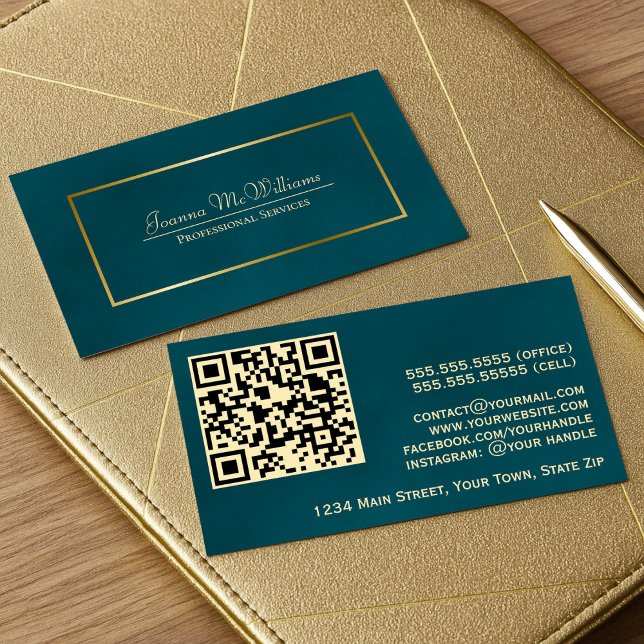 Elegant Mörk Teal & Guld Professionell QR-kod Visitkort (Front/Back)