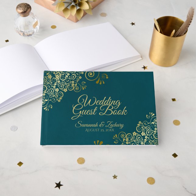 Elegant mörk teal & guld stilfullt bröllop gästböcker (Framsida öppen)