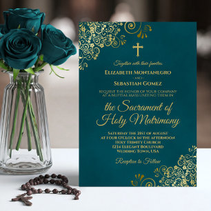 Elegant mörk teal och guld Modern katolsk bröllop Inbjudningar