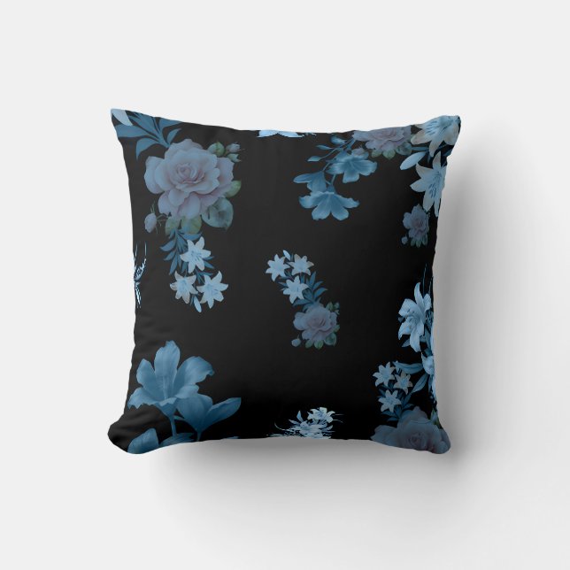 Elegant mörk tealblommig mönstrad kastkudde kudde (Framsida)