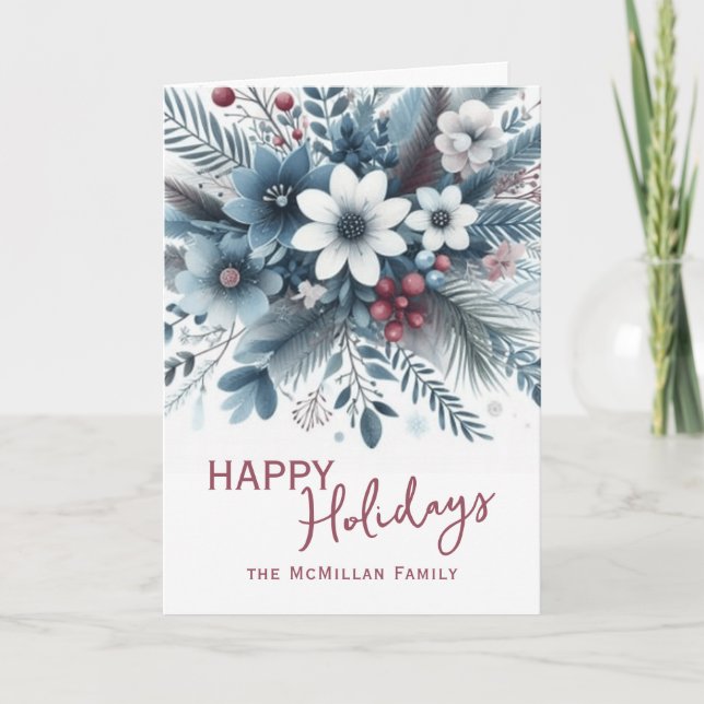 Elegant mörk turkos blå röd blomster julkrans helgkort (Framsida)