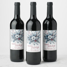 Elegant mörk turkos blå röd blomster julkrans vinflaska etikett