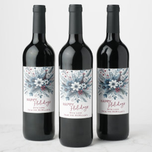Elegant mörk turkos blå röd blomster julkrans vinflaska etikett