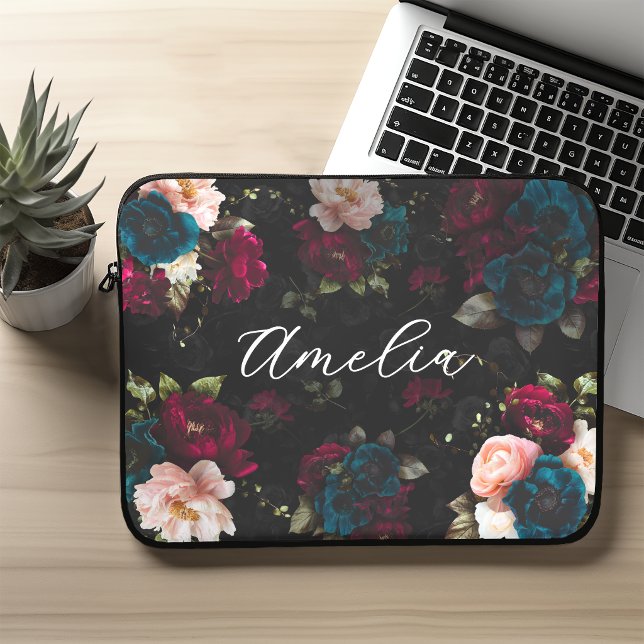 Elegant Mörk Turkos Röd Blommig Monogram Laptop Fodral (Skapare uppladdad)