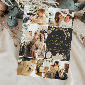 Elegant Mörk White Guld Blommigt Photo Jul Julkort