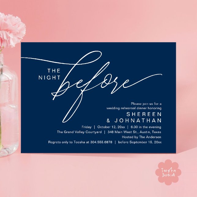 Elegant mörkblå bröllopsrepetition middagsinbjudan inbjudningar (Elegant Script Wedding Rehearsal Dinner Invitation Card in Navy Blue)