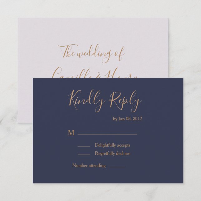 Elegant mörkblå guld lila bröllops-rsvp inbjudningar (Fram/baksida)