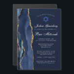 Elegant mörkblå guldagate Bar Mitzvah-fest Magnetisk Inbjudningskort<br><div class="desc">Modern marinblå och guldglittrig marmorerad agate pryder sidan på denna moderna inbjudan till Bar Mitzvah-ceremoni och fest.  Din sons namn är skrivet i vacker formell skrift under Davidsstjärnan. Perfekta magnetiska inbjudningar för en chic,  stilfull judisk familj som firar sin pojke som kallas till Toran.</div>