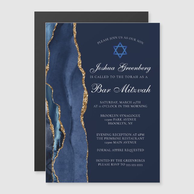 Elegant mörkblå guldagate Bar Mitzvah-fest Magnetisk Inbjudningskort (Fram/baksida)