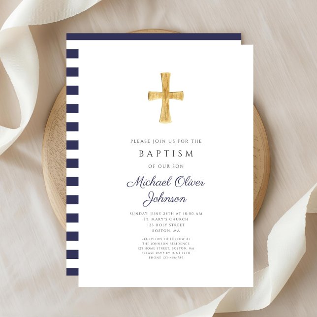 Elegant mörkblå kors religiös pojke dop inbjudningar (Elegant Navy Blue Cross Religious Boy Baptism Invitation)