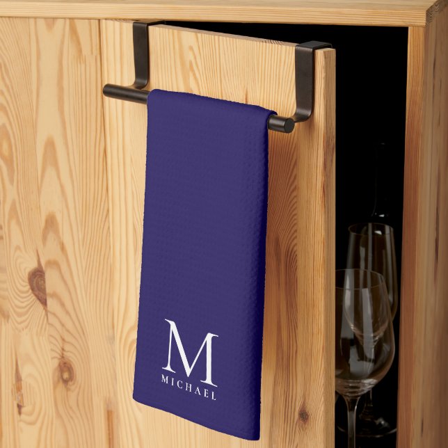Elegant Mörkblå Monogram Anpassad Mall Trendig Kökshandduk (Thirds Fold)