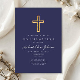 Elegant mörkblå religiös korspojke konfirmation inbjudningar
