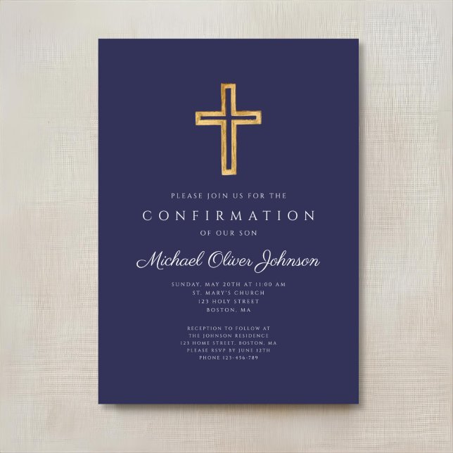 Elegant mörkblå religiös korspojke konfirmation inbjudningar (Elegant Navy Blue Religious Cross Boy Confirmation Invitation)