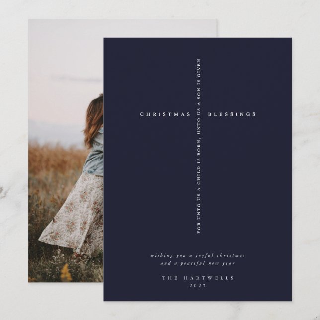 Elegant mörkblå skriftkorsfoto julkort (Fram/baksida)