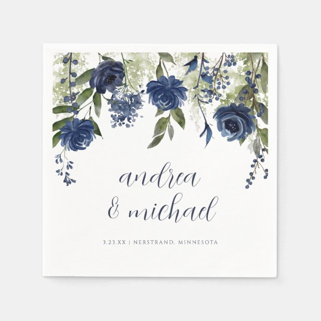 Elegant mörkblå vildblommor Blommig Bröllop Pappersservett (Framsidan)
