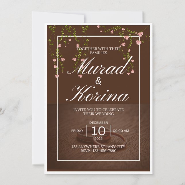 Elegant mörkbrun blomster  inbjudningar (Framsida)