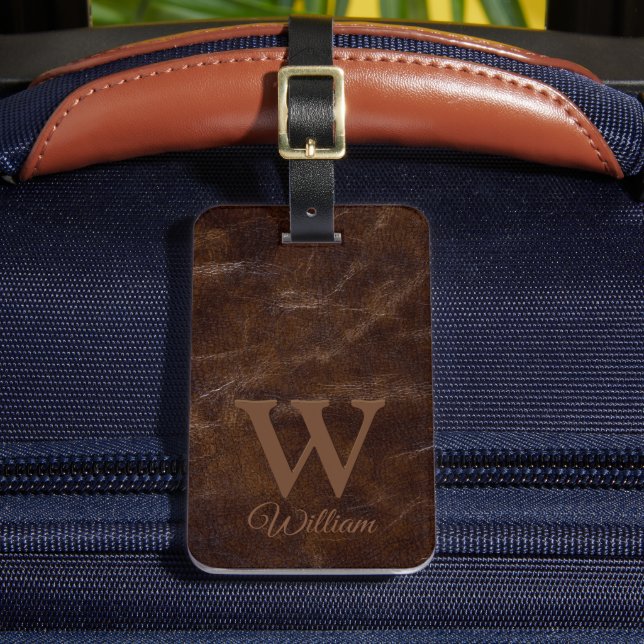 Elegant mörkbrun ko läderstruktur monogram bagagebricka (Framsida Insitu 2)