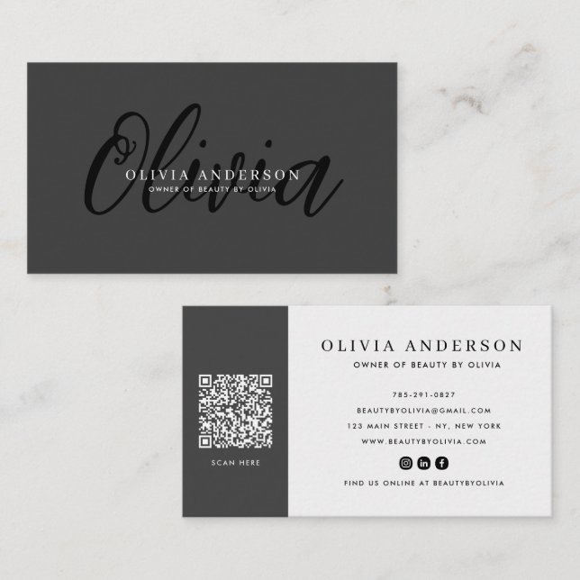 Elegant mörkgrå handskriven namnskript, QR-kod Visitkort (Fram/baksida)