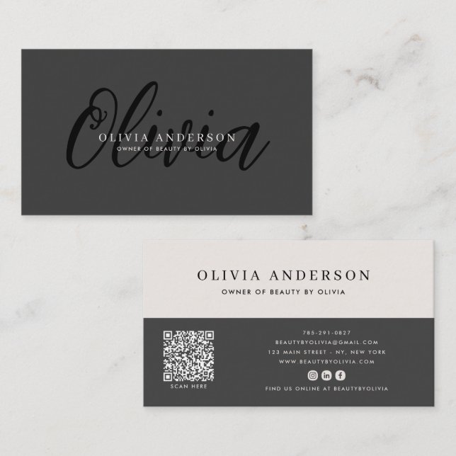 Elegant mörkgrå handskriven namnskript, QR-kod Visitkort (Fram/baksida)