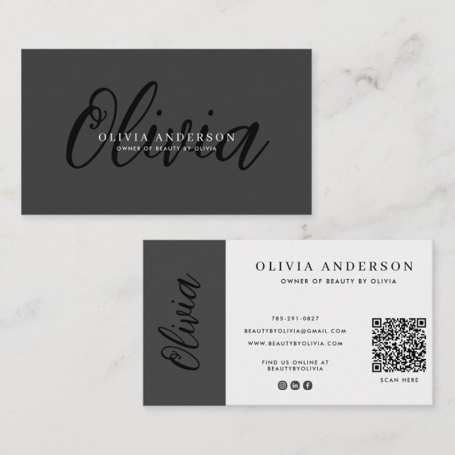 Elegant mörkgrå handskriven namnskript, QR-kod Visitkort (Fram/baksida)