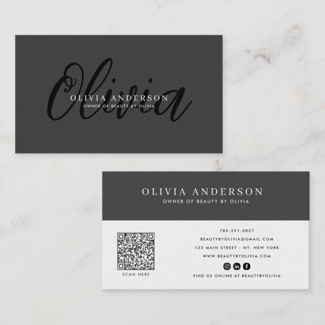 Elegant mörkgrå handskriven namnskript, QR-kod Visitkort (Fram/baksida)