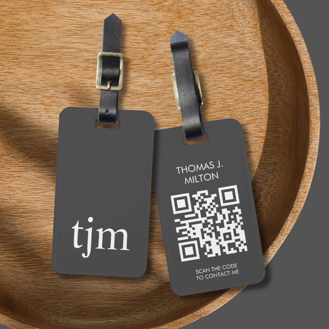 Elegant mörkgrå vit fet monogram QR-kod Bagagebricka (Skapare uppladdad)