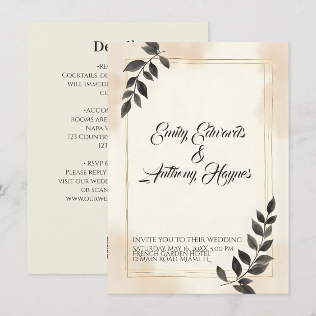 Elegant mörkgrön blad bröllopsinbjudan (Fram/baksida)