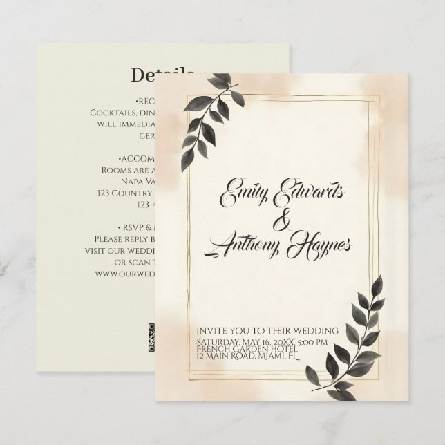 Elegant mörkgrön blad bröllopsinbjudan (Fram/baksida)