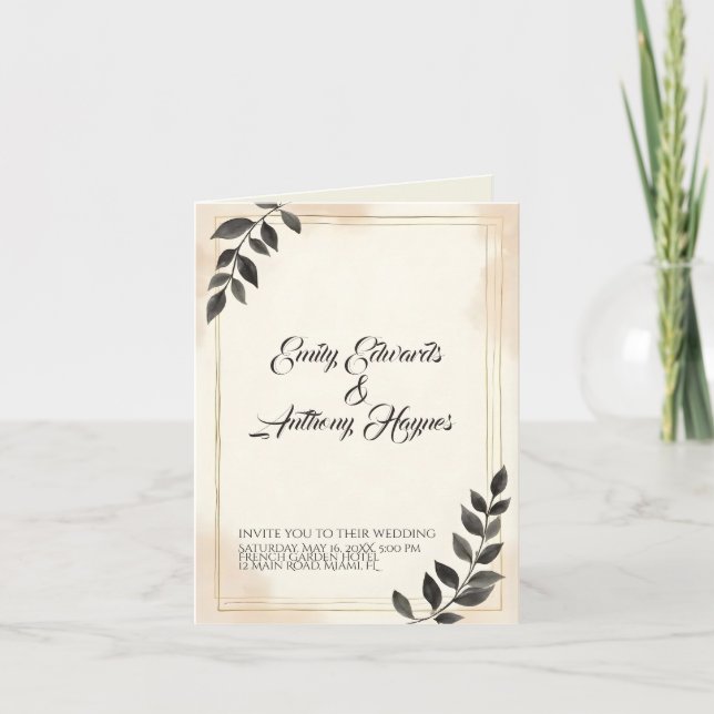 Elegant mörkgrön blad bröllopsinbjudan tack kort (Framsida)