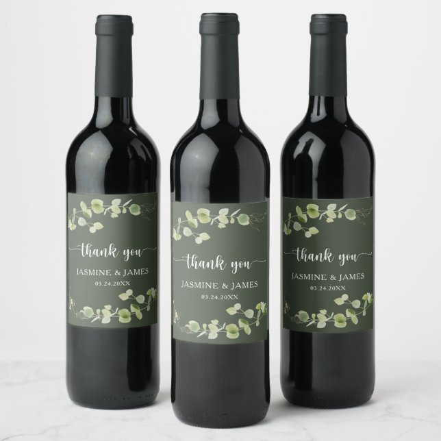 Elegant mörkgrön eukalyptus Bröllop tack Vinflaska Etikett (Flaskor)