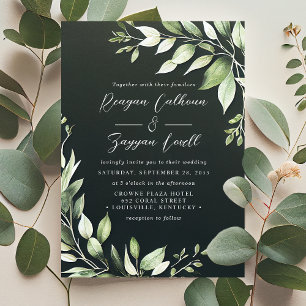 Elegant mörkgrön grönska blad script bröllop inbjudningar