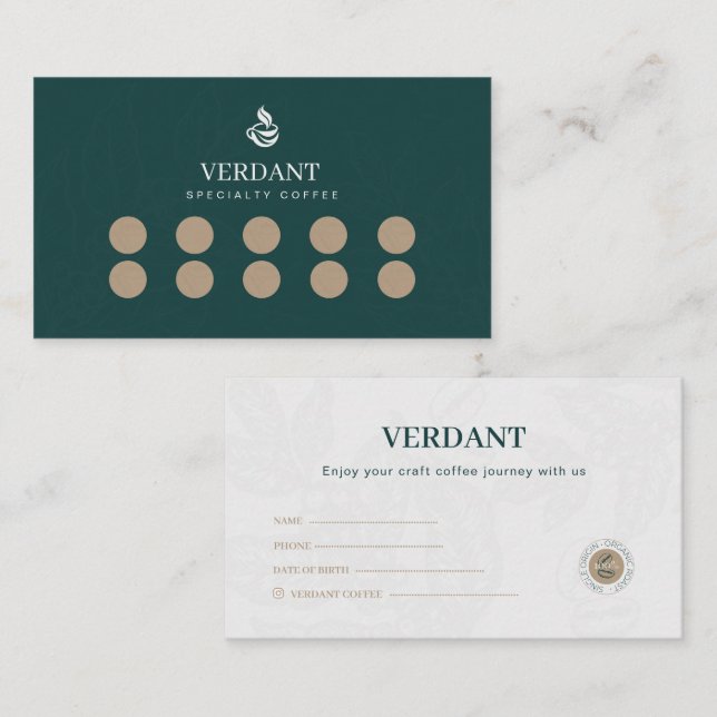 Elegant mörkgrön lojalitetskort för specialkaffe visitkort (Fram/baksida)