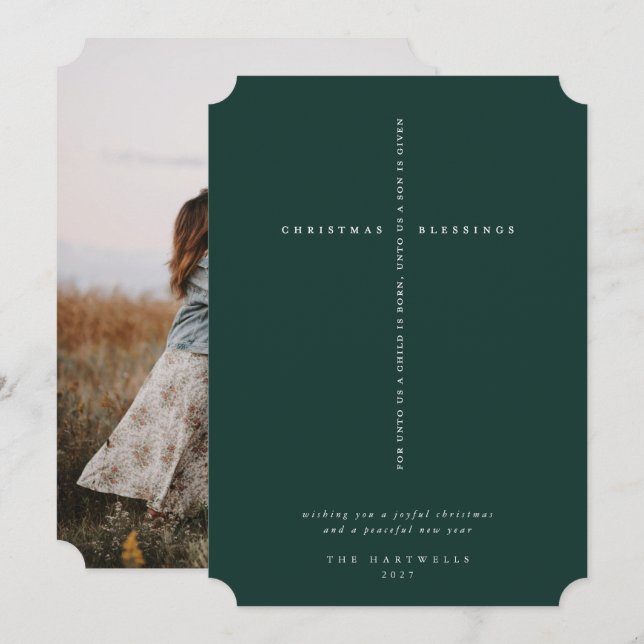 Elegant mörkgrön skriftsnitts kors foto julkort (Fram/baksida)