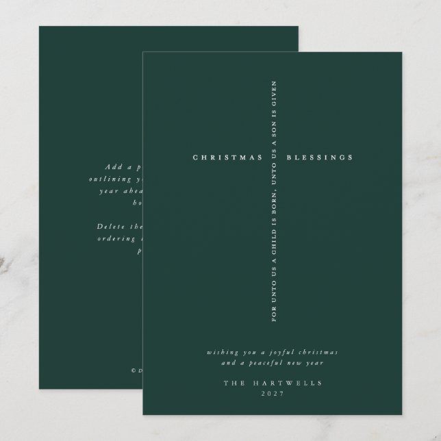 Elegant mörkgrön skriftsnitts kors julkort (Fram/baksida)