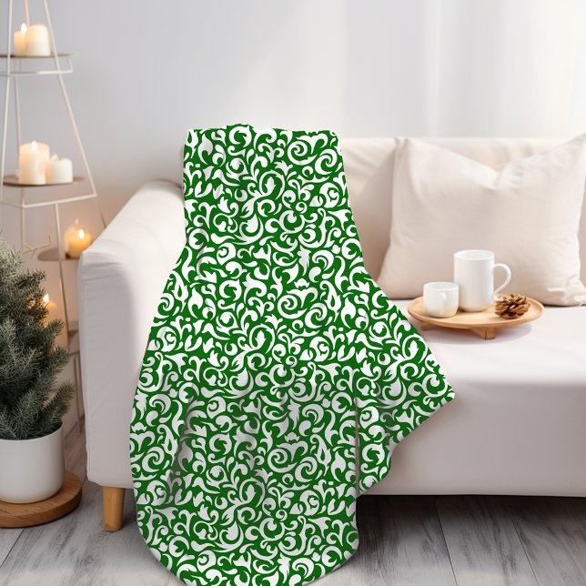 Elegant mörkgrön vit damask blomsterkonst mönster fleecefilt (Skapare uppladdad)