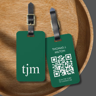 Elegant mörkgrön vit fet monogram QR-kod Bagagebricka