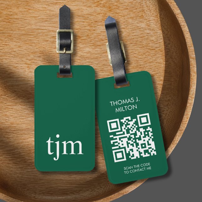 Elegant mörkgrön vit fet monogram QR-kod Bagagebricka (Skapare uppladdad)