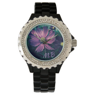 Elegant mörklila blommor Foto Konst Monogram Armbandsur