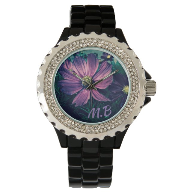 Elegant mörklila blommor Foto Konst Monogram Armbandsur (Framsida)