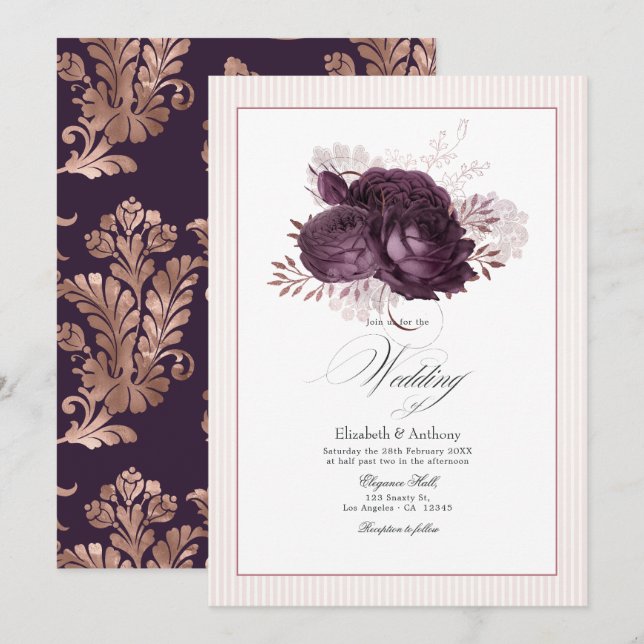 Elegant mörklila och roséguld blommande bröllop inbjudningar (Fram/baksida)
