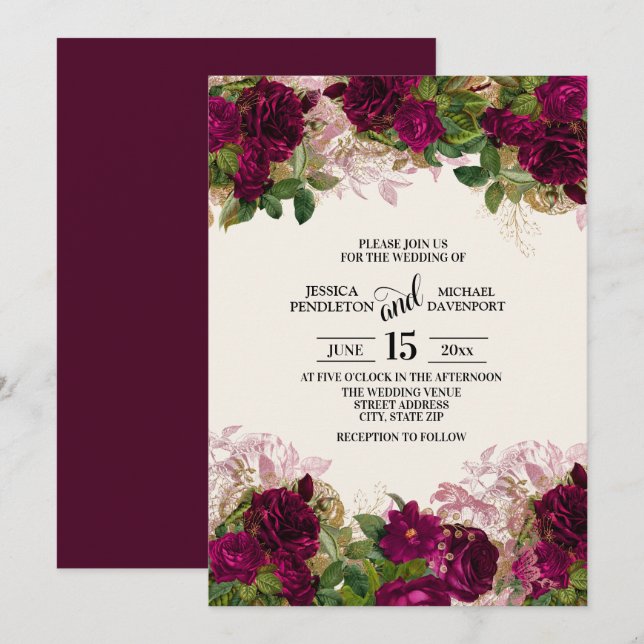 Elegant mörklila plommonblommig bröllopsinbjudan inbjudningar (Fram/baksida)