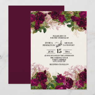 Elegant mörklila plommonblommig bröllopsinbjudan inbjudningar