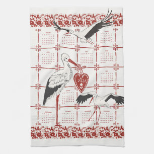 Elegant mörkröd alsassisk folkskt Stork 2026 kalen Kökshandduk