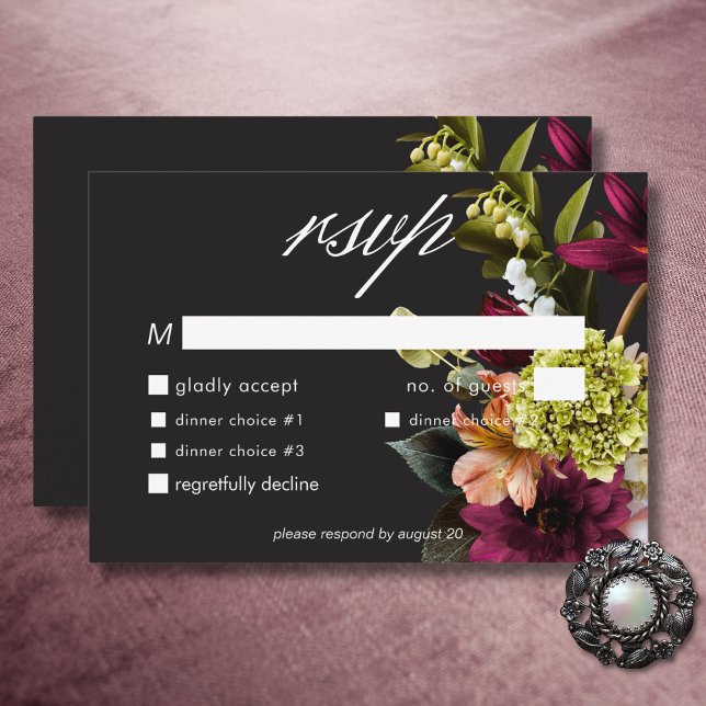 Elegant Mörkröd och Rosa Blommig Middag OSA Kort (Elegant Moody Burgundy & Pink Floral Dinner RSVP Card)