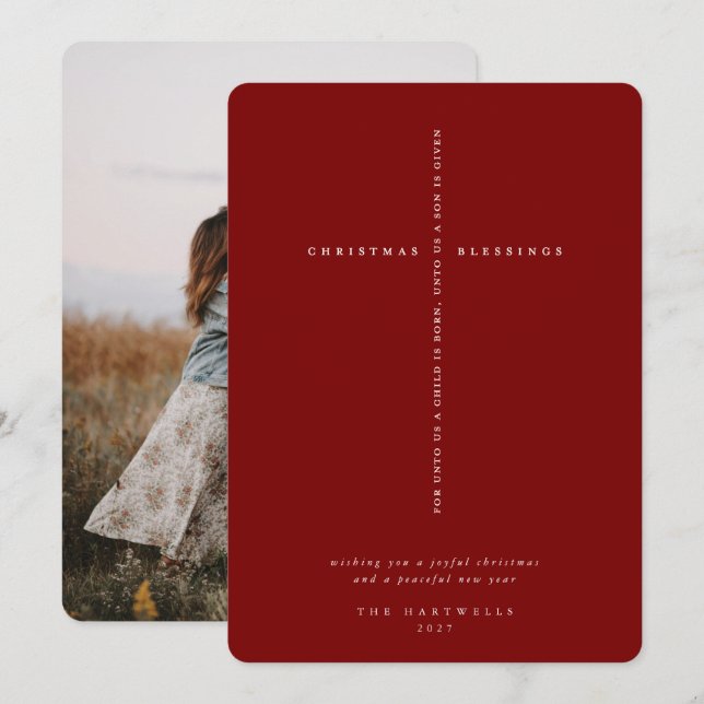 Elegant mörkröd skriftkorsfoto julkort (Fram/baksida)